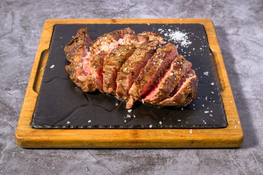 Closeup grilled Argentine beef chorizo bife top view
