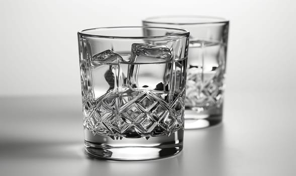 Transparent glass with clear drink and ice cubes. Selective soft focus.