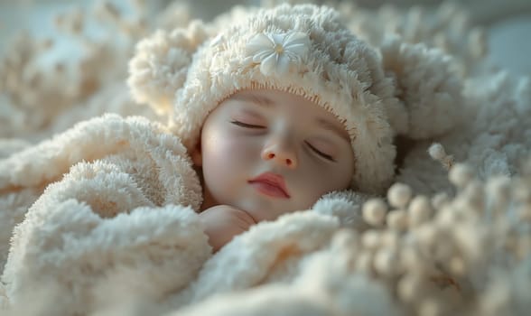 A small child sleeps in a creamy soft blanket. Selective soft focus.