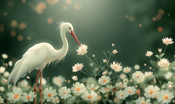 Illustration of a stork on a natural background. Selective soft focus.