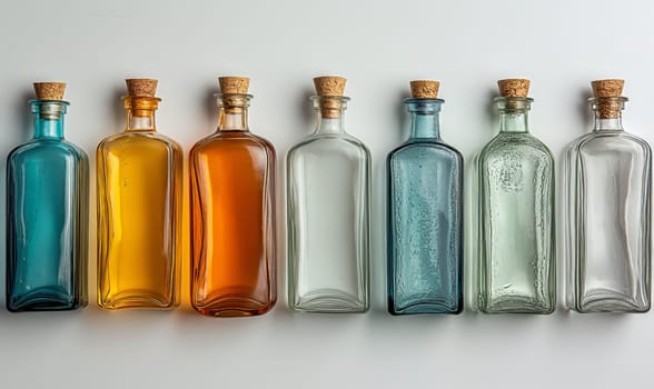 Empty transparent bottles with caps on a light background. Selective soft focus.