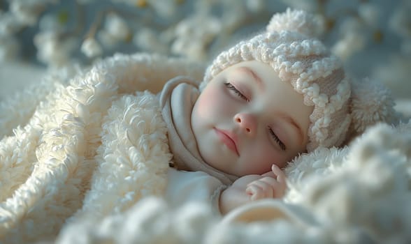 A small child sleeps in a creamy soft blanket. Selective soft focus.