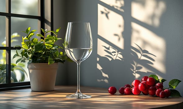 Transparent glass with a transparent drink on the table. Selective soft focus.