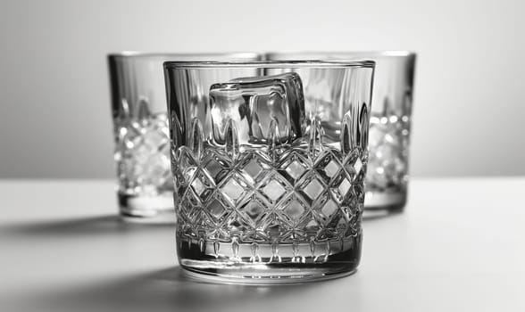 Transparent glass with clear drink and ice cubes. Selective soft focus.