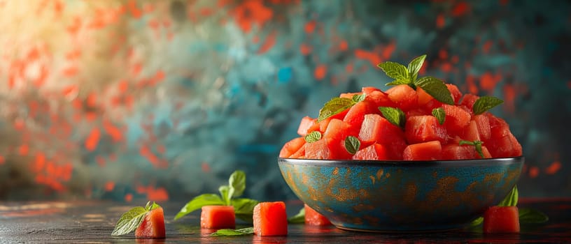 Ripe pieces of watermelon in a cup on a textured background. Selective soft focus.