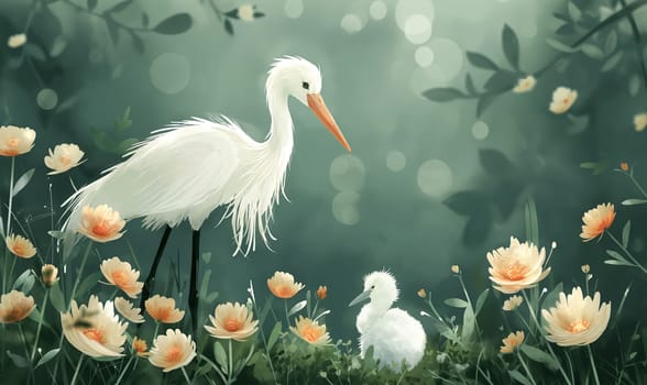 Illustration of a stork on a natural background. Selective soft focus.