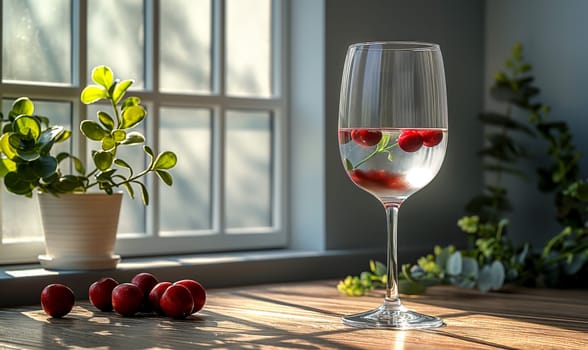 Transparent glass with a transparent drink on the table. Selective soft focus.