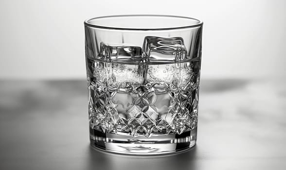 Transparent glass with clear drink and ice cubes. Selective soft focus.