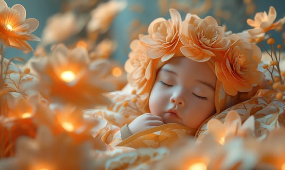 A small child sleeps in abstract colors. Selective soft focus.