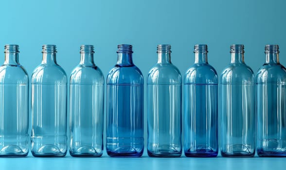 Empty transparent bottles without caps on a blue background. Selective soft focus.