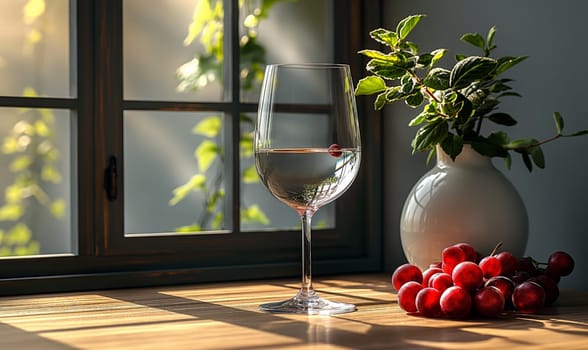 Transparent glass with a transparent drink on the table. Selective soft focus.