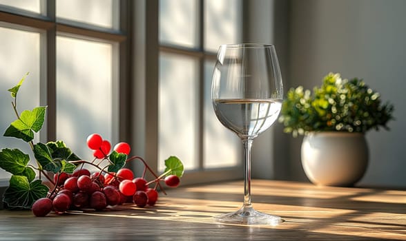 Transparent glass with a transparent drink on the table. Selective soft focus.