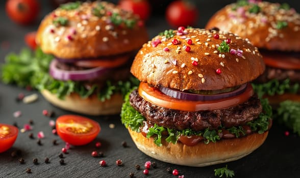 Juicy and tasty burger on a blurred background. Selective soft focus