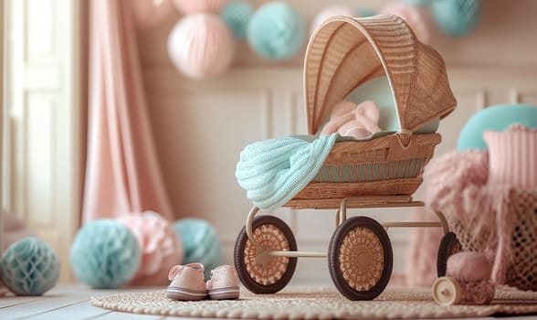 Baby stroller in the home interior. Selective soft focus.