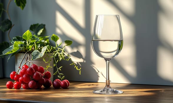 Transparent glass with a transparent drink on the table. Selective soft focus.