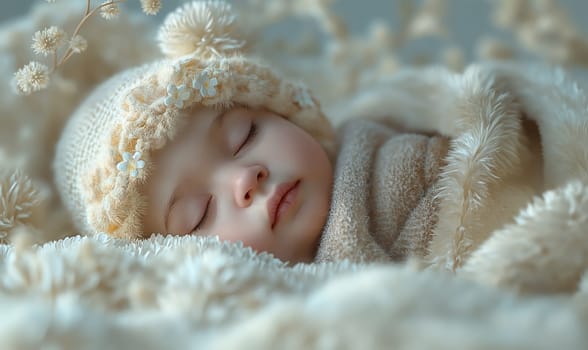 A small child sleeps in a creamy soft blanket. Selective soft focus.