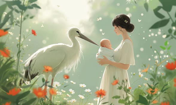 Illustration of a stork and a mother with a child in her arms. Selective soft focus.