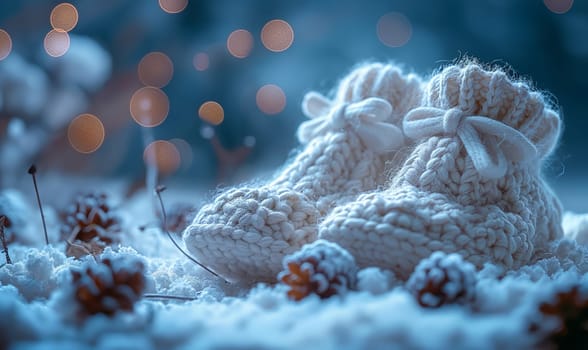 Baby knitted booties on a blurred winter background. Selective soft focus.