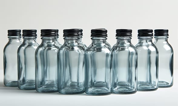 Empty transparent bottles with caps on a light background. Selective soft focus.