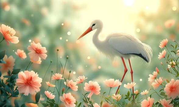 Illustration of a stork on a natural background. Selective soft focus.