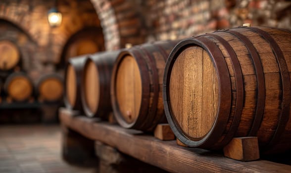 Large barrels in the cellar of the winery. Selective soft focus.