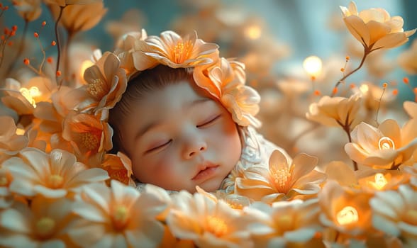 A small child sleeps in abstract colors. Selective soft focus.