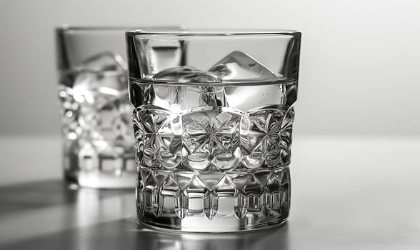 Transparent glass with clear drink and ice cubes. Selective soft focus.