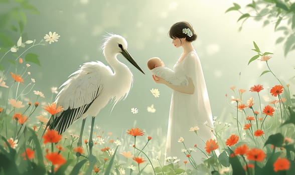 Illustration of a stork and a mother with a child in her arms. Selective soft focus.