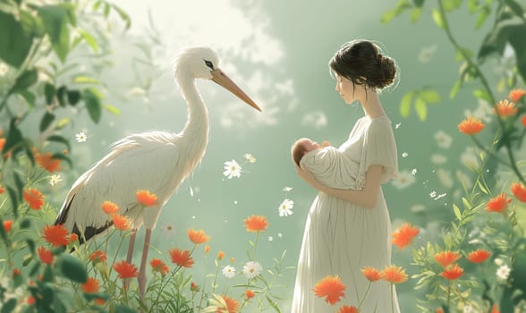 Illustration of a stork and a mother with a child in her arms. Selective soft focus.