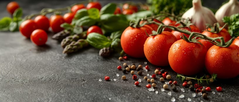 Tomatoes and basil on a dark background. Selective soft focus