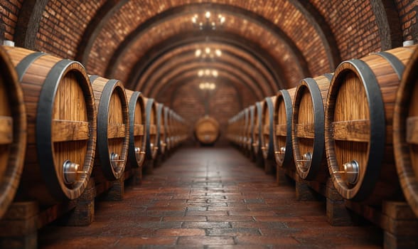 Large barrels in the cellar of the winery. Selective soft focus.