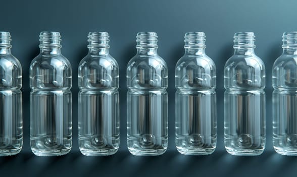 Empty transparent bottles without caps on a blue background. Selective soft focus.