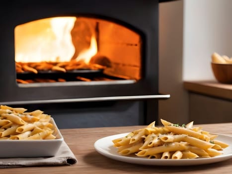 Piping Hot Pleasures. Freshly Baked Penne in a Charming Kitchen Setting.