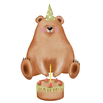 Watercolor birthday teddy bear on isolated white background. Hand drawn drawing of a cute animal in a festive cap with a big cake and a candle. Cartoon composition for a baby shower and birth card. High quality photo