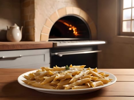 Oven-Fresh Penne. A Delectable Display on a Rustic Wooden Table.