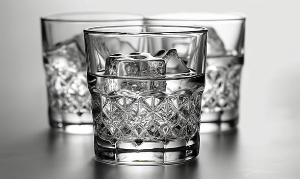 Transparent glass with clear drink and ice cubes. Selective soft focus.