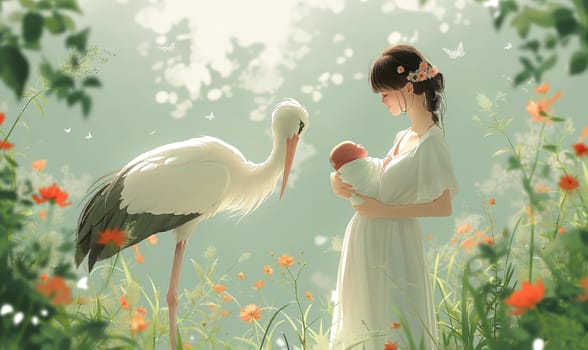 Illustration of a stork and a mother with a child in her arms. Selective soft focus.