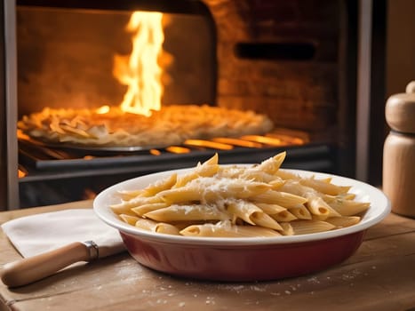 Homemade Goodness. Penne Perfection on a Wooden Table with Oven Ambiance.