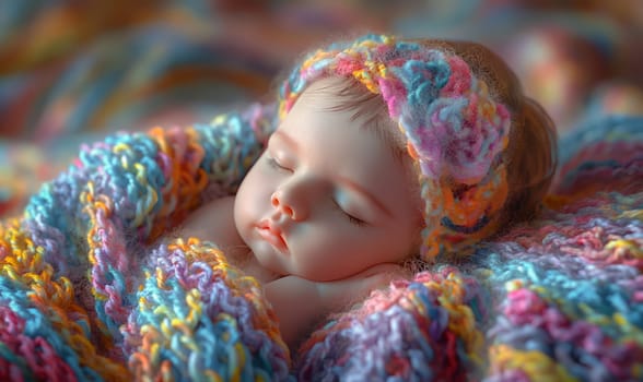 A small child sleeps in a knitted blanket. Selective soft focus.