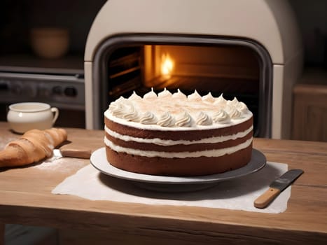 Baking Bliss. A Scrumptious Cake Straight from the Oven, Resting on a Wooden Table.