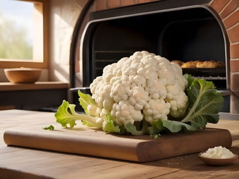 Wood-Fired Goodness. Freshly Baked Cauliflower on a Rustic Table with Oven Backdrop.