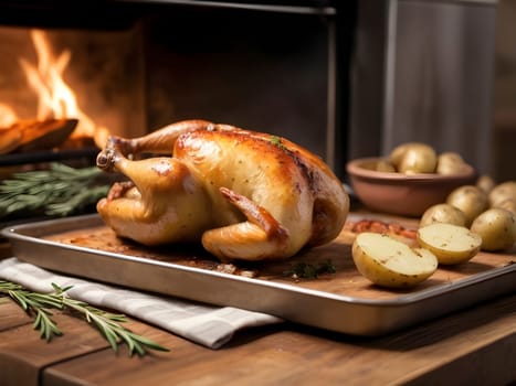 Freshly Baked Chicken and Potatoes Arranged on a Wooden Surface.