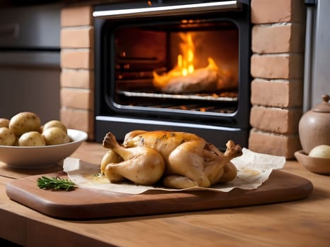 Chicken and Potatoes on a Wooden Table..