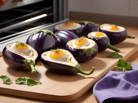 Wooden Table Elegance. Capturing the Charm of Oven-Fresh Eggplants.