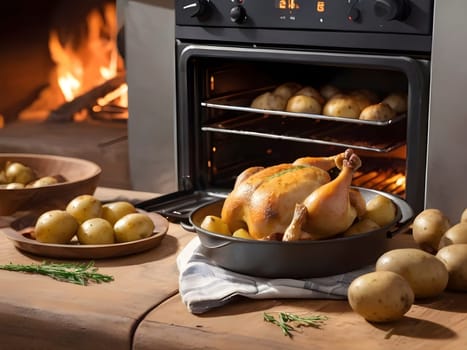 Baked Chicken and Potatoes. Freshly Prepared on a Wooden Table with Oven Backdrop.