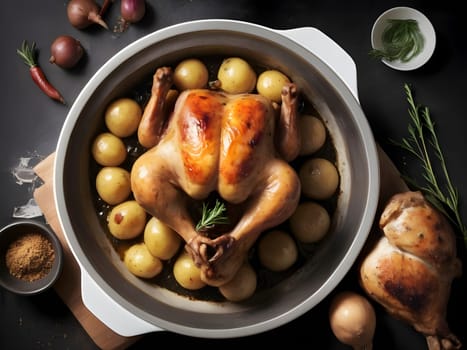 Gastronomic Delight. A Freshly Prepared Meal of Roasted Chicken and Potatoes in a Cozy Setting.