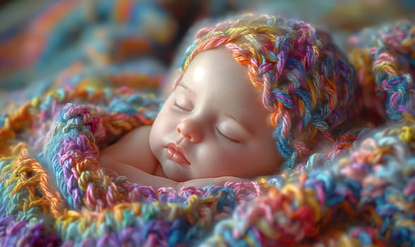 A small child sleeps in a knitted blanket. Selective soft focus.