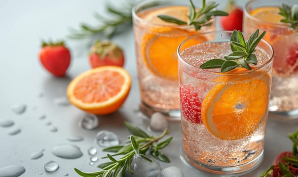 Drink with a slice of orange in a transparent glass. Selective soft focus.