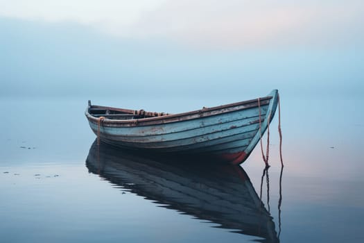 Wooden old boat on the water in thick fog.
