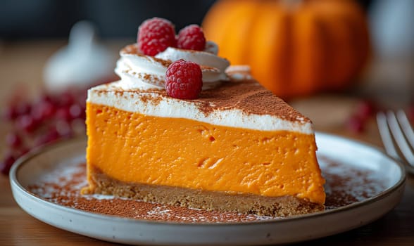 Traditional pumpkin cheesecake on a blurred background. Selective soft focus.